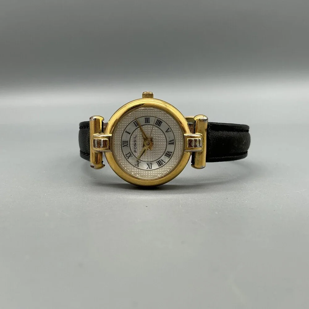 Vintage Fossil Womens Watch 24mm Gold Tone Black Leather PC-9275 New Battery